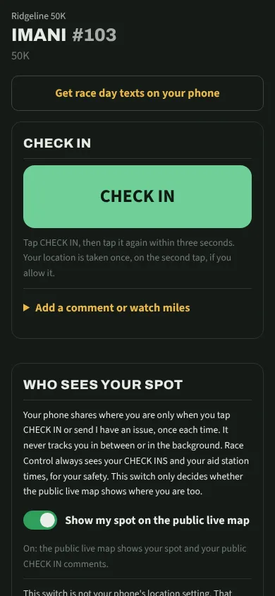 A runner's own link at the made up Ridgeline 50K, with the CHECK IN button
