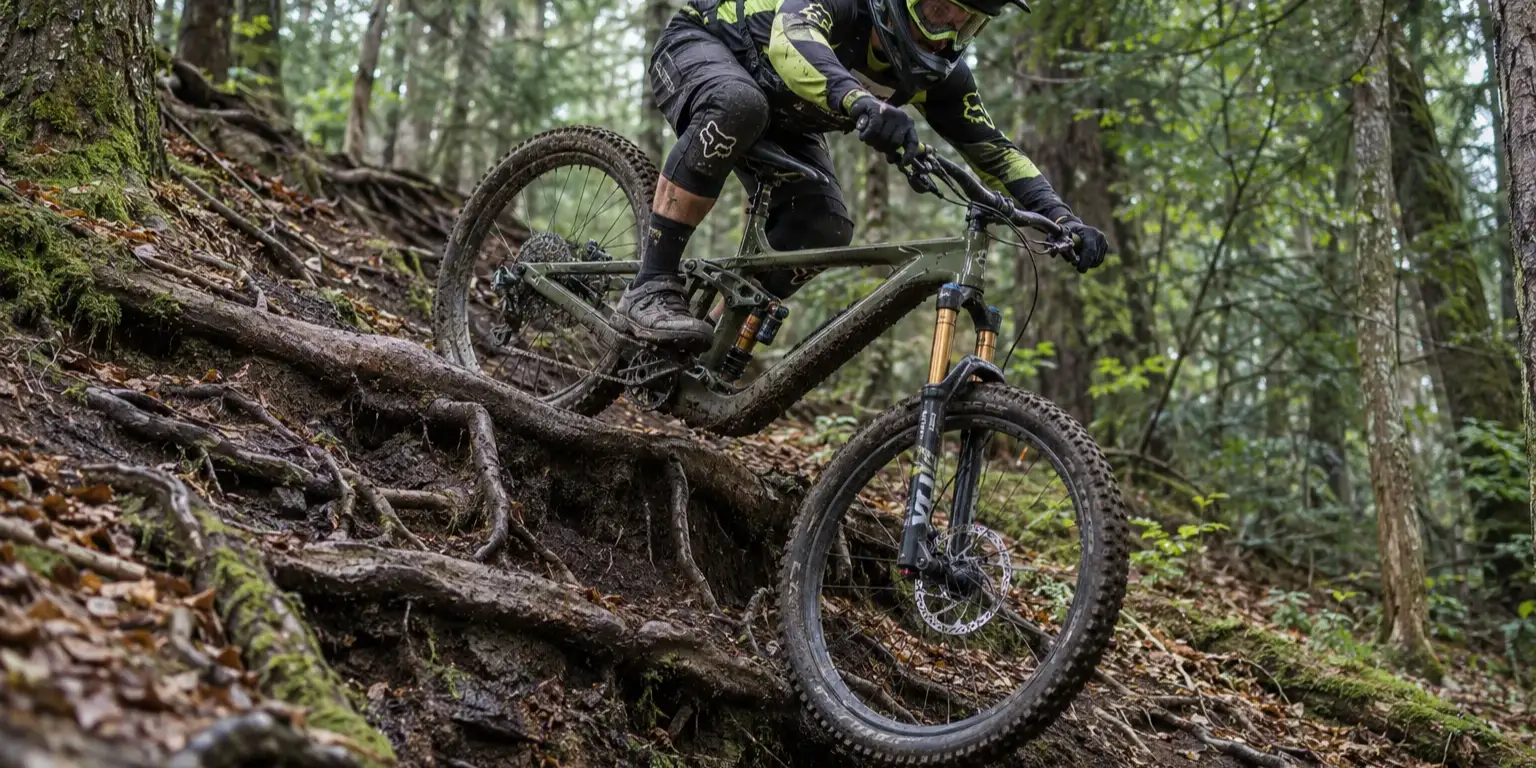 Mountain biker riding down a rooty forest trail