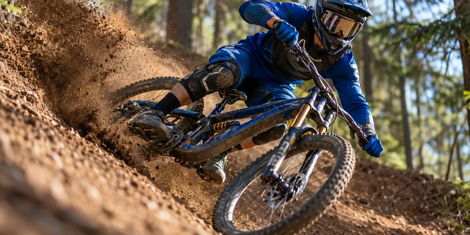 Mountain biker carving a dirt berm in a pine forest