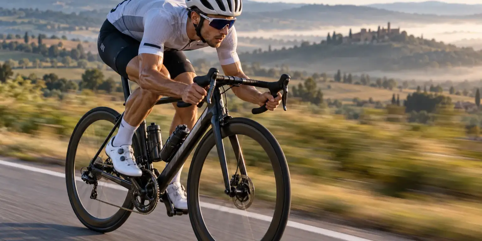 Road cyclist riding fast on a country road