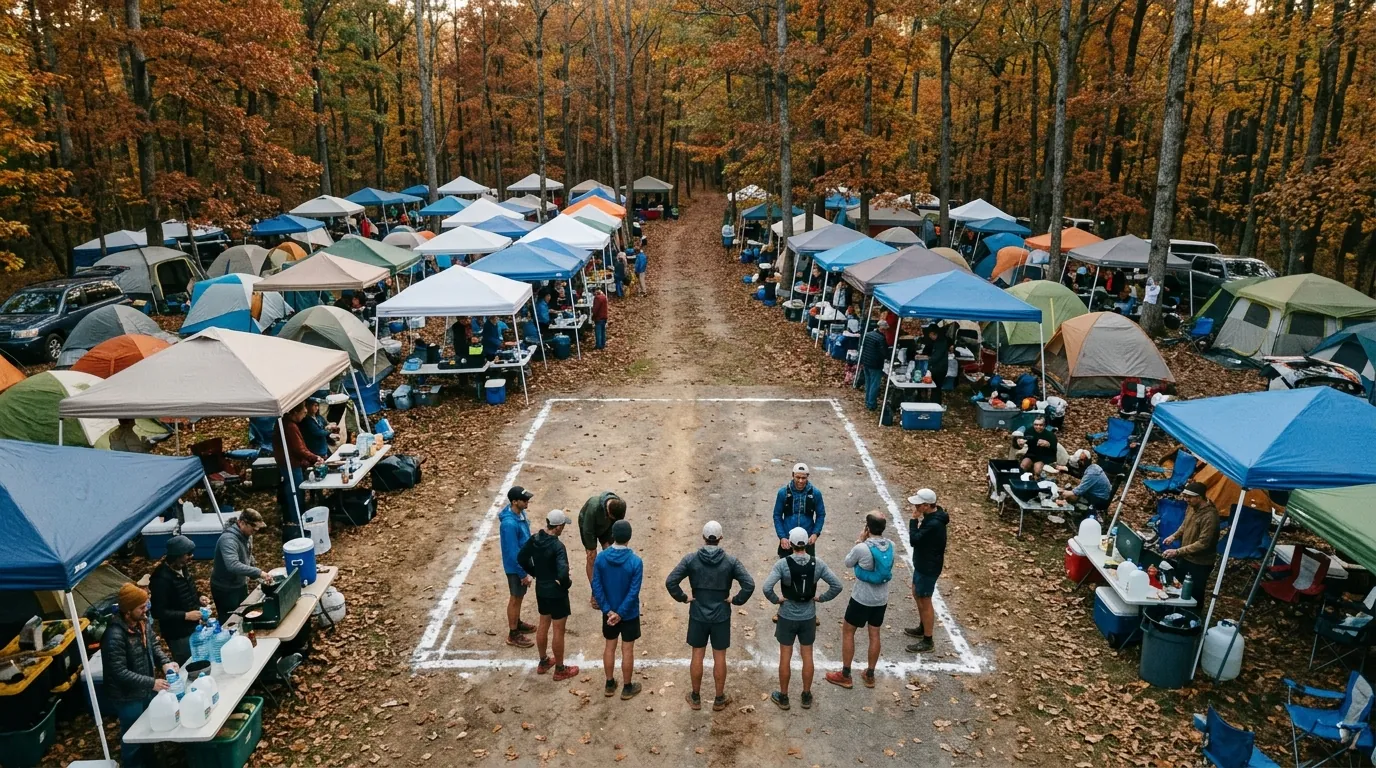 The corral at a backyard race, tents either side and the athletes lined up for the bell
